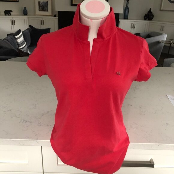 Calvin Klein Casual Cap Sleeve V Neck Cotton w Spandex Polo Shirt Coral Sz M - Picture 15 of 15